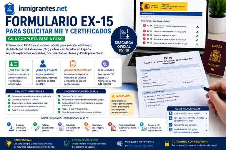 Formulario EX-15 para solicitar NIE y certificados en España